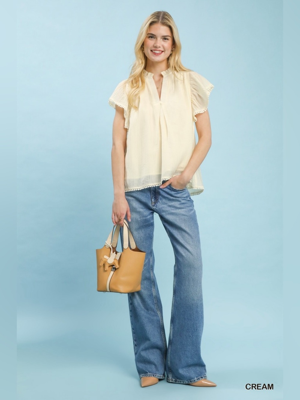 Umgee Flutter Sleeve Relaxed Top with Trim Detail - Picture 4 of 6